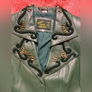 Vintage Emerald Green Leather 9000 2piece Blazer Skirt Beaded Set. Size L